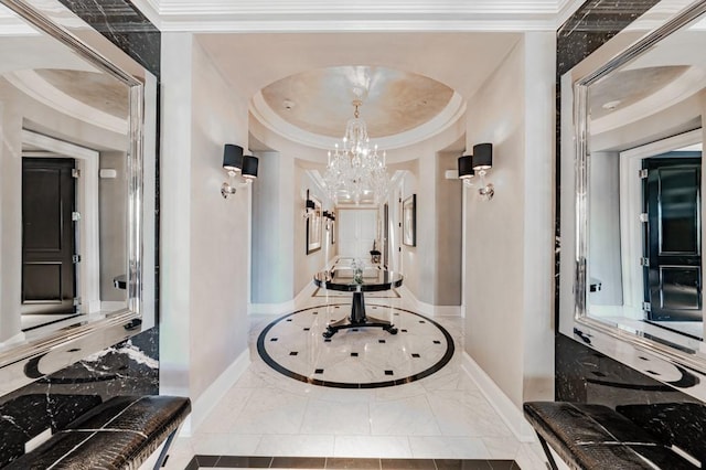 2525 N Pearl St Unit 1704, Dallas, TX 75201 - hallway featuring baseboards, a chandelier, inlaid floor details, marble finish floors, and crown molding