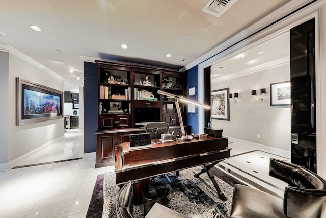 2525 N Pearl St Unit 1704, Dallas, TX 75201 - office area with inlaid floor details, crown molding, baseboards, and recessed lighting