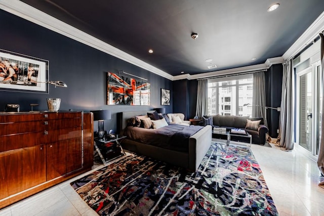 2525 N Pearl St Unit 1704, Dallas, TX 75201 - tiled bedroom featuring crown molding, recessed lighting, and access to outside