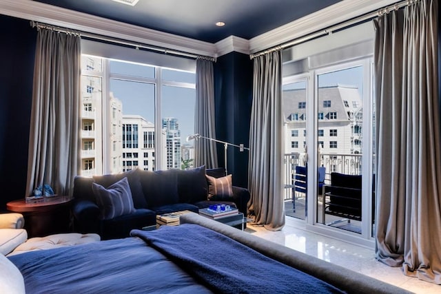 2525 N Pearl St Unit 1704, Dallas, TX 75201 - bedroom featuring access to exterior, ornamental molding, and a city view