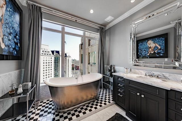 2525 N Pearl St Unit 1704, Dallas, TX 75201 - bathroom with vanity, a freestanding bath, ornamental molding, recessed lighting, and a view of city