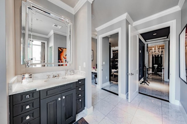 2525 N Pearl St Unit 1704, Dallas, TX 75201 - bathroom featuring vanity, ornamental molding, and a chandelier