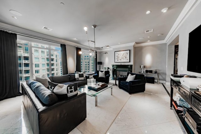 2525 N Pearl St Unit 1704, Dallas, TX 75201 - living area featuring ornamental molding, recessed lighting, and a fireplace