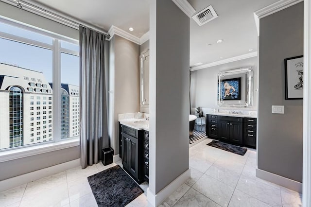 2525 N Pearl St Unit 1704, Dallas, TX 75201 - full bath with ornamental molding, two vanities, and baseboards