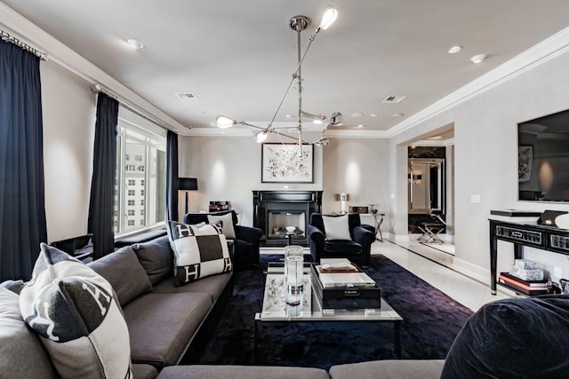 2525 N Pearl St Unit 1704, Dallas, TX 75201 - tiled living area featuring crown molding, baseboards, a chandelier, a fireplace, and recessed lighting