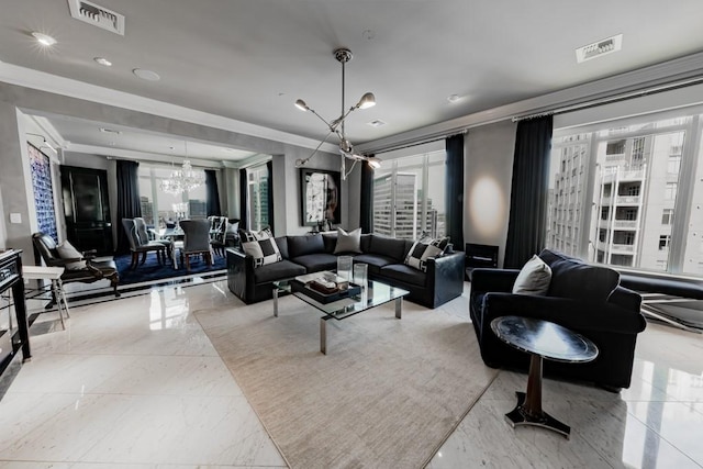 2525 N Pearl St Unit 1704, Dallas, TX 75201 - living area featuring a chandelier, ornamental molding, and marble tiled floors