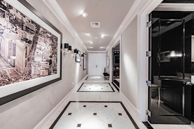 2525 N Pearl St Unit 1704, Dallas, TX 75201 - corridor with inlaid floor details, ornamental molding, recessed lighting, and tile patterned floors