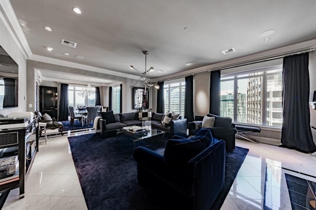 2525 N Pearl St Unit 1704, Dallas, TX 75201 - living room featuring a chandelier, ornamental molding, recessed lighting, and light tile patterned floors