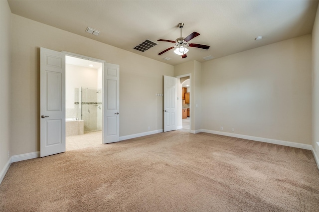 3608 Walden Dr, Mckinney, TX 75071 - unfurnished bedroom featuring light carpet, baseboards, connected bathroom, and a ceiling fan