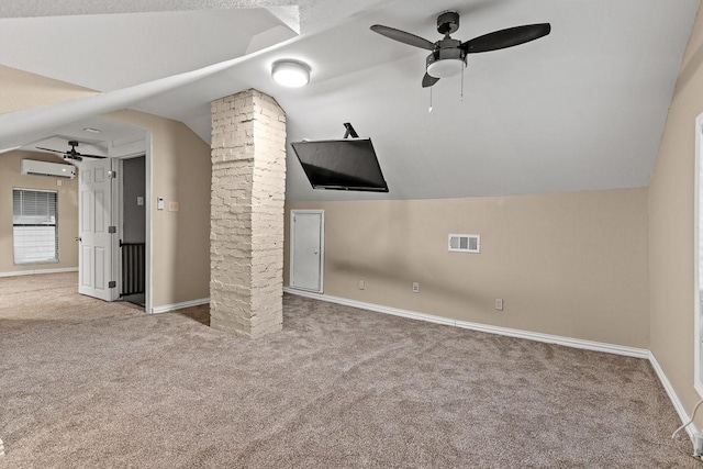 715 S Barnett Ave, Dallas, TX 75211 - unfurnished living room with a ceiling fan, an AC wall unit, carpet floors, and lofted ceiling