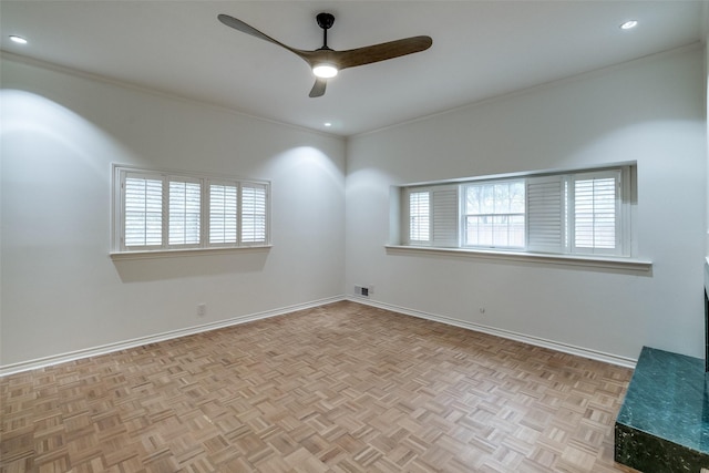 5865 Farquhar Ln, Dallas, TX 75209 - empty room with ceiling fan, ornamental molding, baseboards, and recessed lighting