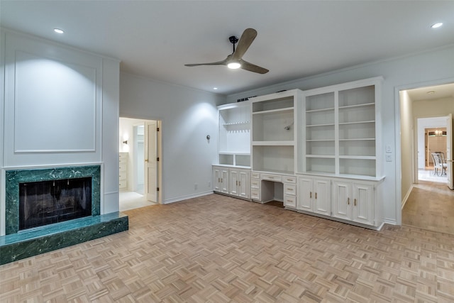 5865 Farquhar Ln, Dallas, TX 75209 - unfurnished living room featuring a ceiling fan, baseboards, a fireplace, and recessed lighting