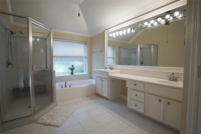 5133 Sunscape Ln S, Fort Worth, TX 76123 - full bath with lofted ceiling, double vanity, a stall shower, a garden tub, and tile patterned floors