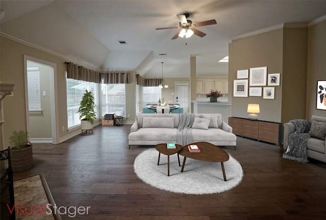 5133 Sunscape Ln S, Fort Worth, TX 76123 - living area featuring a ceiling fan, baseboards, dark wood-style flooring, lofted ceiling, and ornamental molding