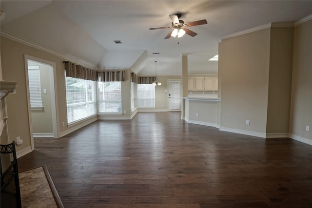 5133 Sunscape Ln S, Fort Worth, TX 76123 - unfurnished living room with ceiling fan, dark wood-style flooring, baseboards, lofted ceiling, and crown molding
