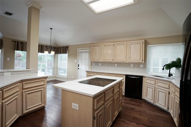 5133 Sunscape Ln S, Fort Worth, TX 76123 - kitchen featuring black appliances, a sink, light brown cabinetry, decorative backsplash, and dark wood-style flooring
