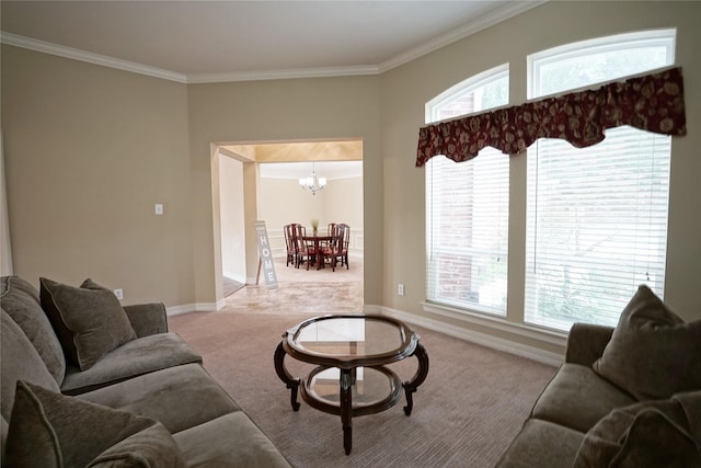5133 Sunscape Ln S, Fort Worth, TX 76123 - living room with carpet floors, ornamental molding, a chandelier, baseboards, and plenty of natural light