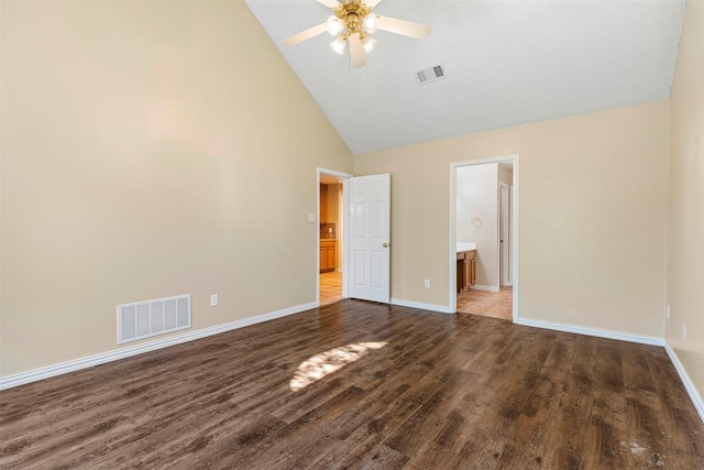 4953 Sunset Ridge Dr, Fort Worth, TX 76123 - unfurnished bedroom with wood finished floors, baseboards, high vaulted ceiling, ensuite bath, and ceiling fan