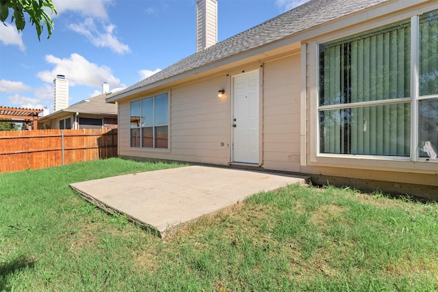 4953 Sunset Ridge Dr, Fort Worth, TX 76123 - doorway to property featuring a chimney, a patio, and a shingled roof