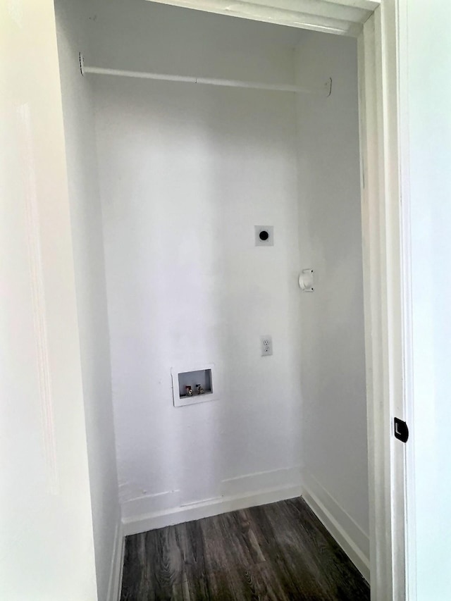 5117 Libbey Ave, Fort Worth, TX 76107 - laundry area with electric dryer hookup, hookup for a washing machine, baseboards, and dark wood-style flooring