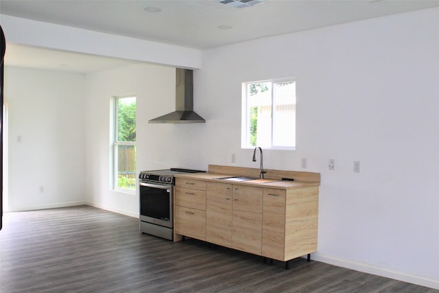5117 Libbey Ave, Fort Worth, TX 76107 - kitchen featuring wall chimney range hood, light brown cabinetry, stainless steel electric range oven, a sink, and dark wood finished floors