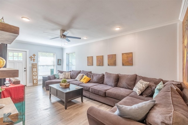 426 Brown Ave, Tuscola, TX 79562 - living area featuring a ceiling fan, ornamental molding, light wood finished floors, and recessed lighting