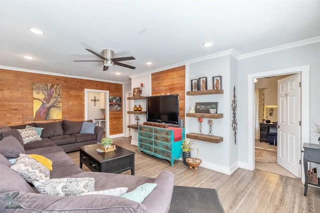 426 Brown Ave, Tuscola, TX 79562 - living area with a ceiling fan, wood finished floors, baseboards, crown molding, and recessed lighting