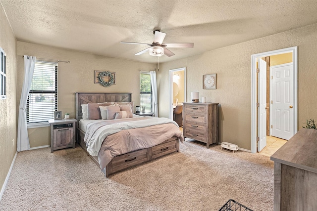 3701 Nocona Dr, Granbury, TX 76049 - bedroom with a textured ceiling, a textured wall, multiple windows, light colored carpet, and baseboards