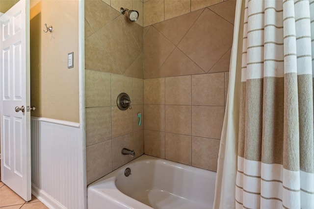 3701 Nocona Dr, Granbury, TX 76049 - full bathroom with shower / bathtub combination with curtain and wainscoting