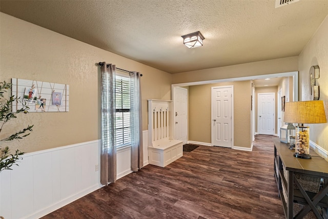 3701 Nocona Dr, Granbury, TX 76049 - entryway featuring dark wood finished floors, a textured ceiling, a textured wall, and wainscoting