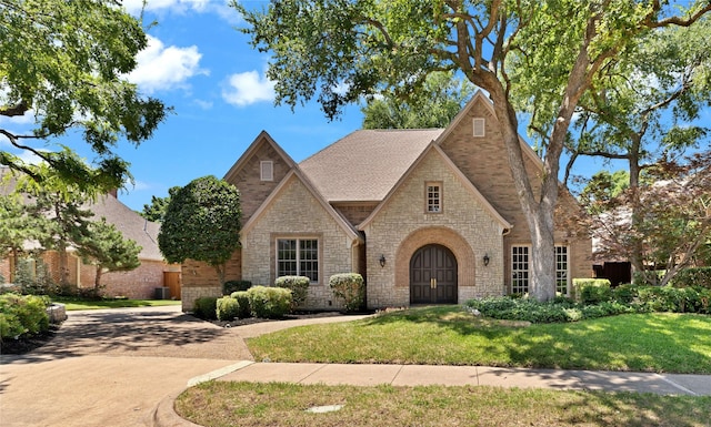 6628 Castle Pines Dr, Plano, TX 75093 - tudor home featuring stone siding, a front yard, and a shingled roof