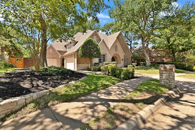 6628 Castle Pines Dr, Plano, TX 75093 - view of front of home with brick siding, an attached garage, stone siding, and concrete driveway