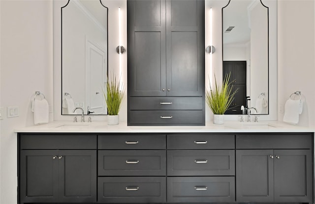 6628 Castle Pines Dr, Plano, TX 75093 - bathroom featuring ornamental molding and double vanity