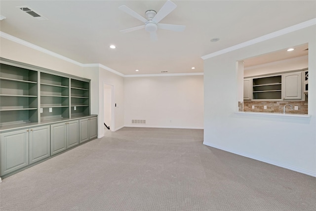 6628 Castle Pines Dr, Plano, TX 75093 - empty room featuring light carpet, recessed lighting, a ceiling fan, baseboards, and ornamental molding