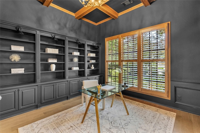 6628 Castle Pines Dr, Plano, TX 75093 - home office with coffered ceiling, beamed ceiling, and light wood finished floors