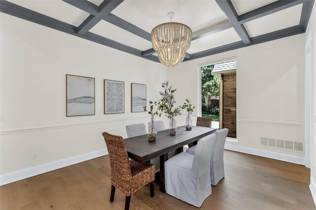 6628 Castle Pines Dr, Plano, TX 75093 - dining area with coffered ceiling, a chandelier, baseboards, wood finished floors, and beamed ceiling