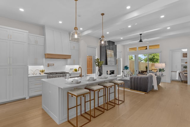 317 Rusk St, Roanoke, TX 76262 - kitchen with premium range hood, open floor plan, light wood finished floors, ceiling fan, and recessed lighting