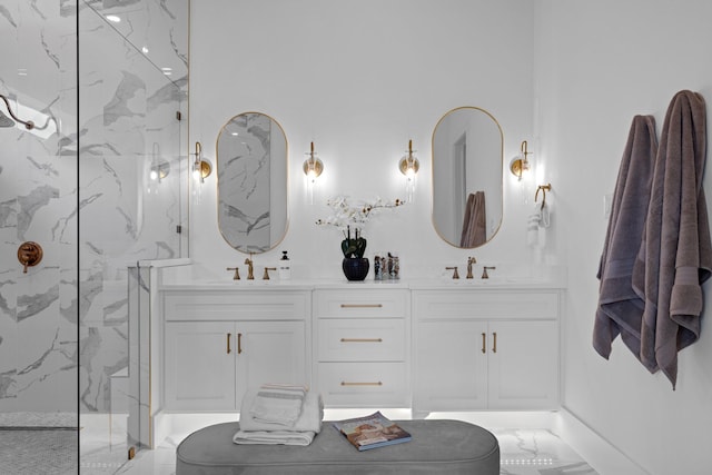 317 Rusk St, Roanoke, TX 76262 - bathroom featuring double vanity, a marble finish shower, and marble finish floors