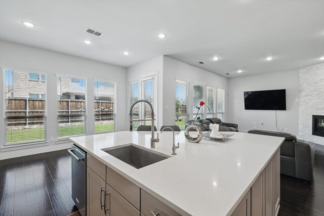 2801 Rosewood Way, Northlake, TX 76226 - kitchen with a sink, open floor plan, light countertops, dark wood-style flooring, and recessed lighting