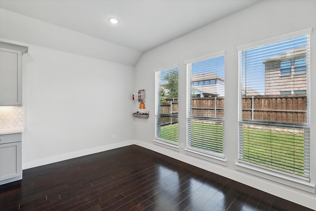 2801 Rosewood Way, Northlake, TX 76226 - unfurnished dining area featuring vaulted ceiling, dark wood finished floors, baseboards, and recessed lighting