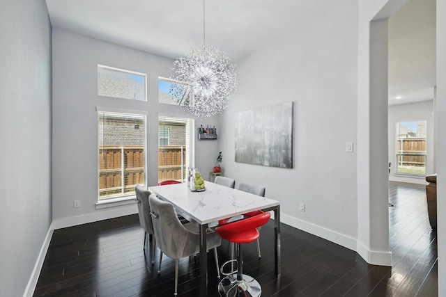 2801 Rosewood Way, Northlake, TX 76226 - dining space with a chandelier, baseboards, dark wood-type flooring, and a high ceiling