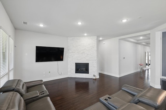 2801 Rosewood Way, Northlake, TX 76226 - living room with wood finished floors, a fireplace, baseboards, and recessed lighting