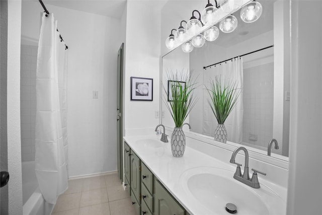 4321 Boca Raton Dr, The Colony, TX 75056 - full bath with double vanity, tile patterned flooring, shower / bath combo, and baseboards