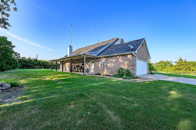 5855 Fm 1377, Princeton, TX 75407 - view of side of property featuring brick siding, a yard, an attached garage, a chimney, and a shingled roof
