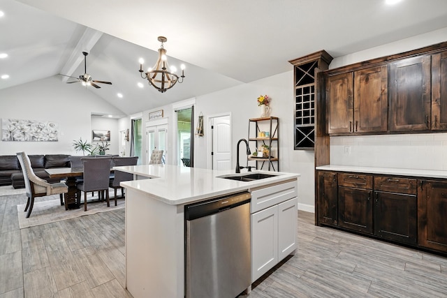 120 Oak Hill Rd, Tuscola, TX 79562 - kitchen featuring stainless steel dishwasher, a sink, light countertops, ceiling fan, and a chandelier