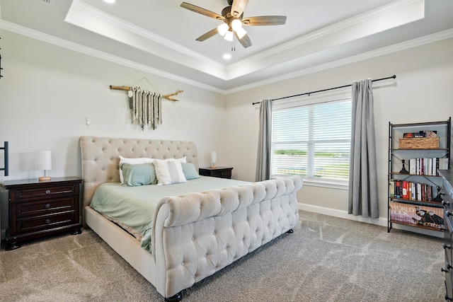 120 Oak Hill Rd, Tuscola, TX 79562 - carpeted bedroom with a raised ceiling, crown molding, baseboards, recessed lighting, and a ceiling fan