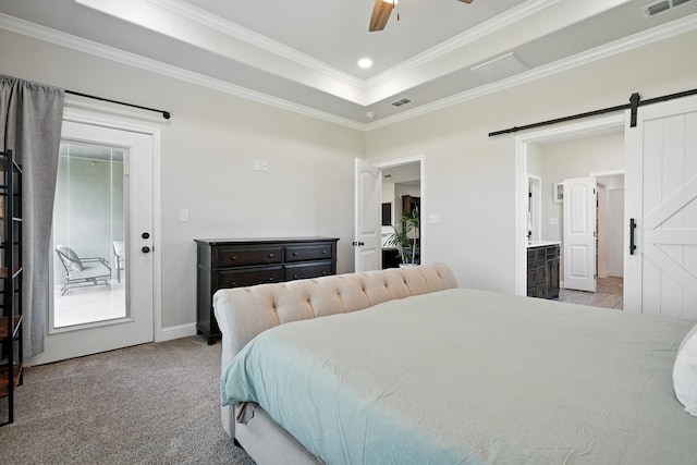 120 Oak Hill Rd, Tuscola, TX 79562 - bedroom with a barn door, ornamental molding, a raised ceiling, carpet, and a ceiling fan