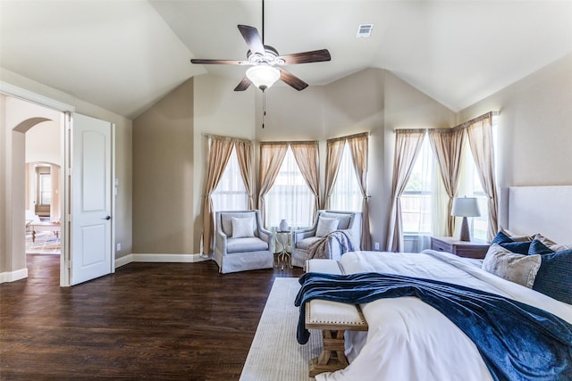 2028 Sterling Trace Dr, Keller, TX 76248 - bedroom with arched walkways, vaulted ceiling, wood finished floors, and a ceiling fan