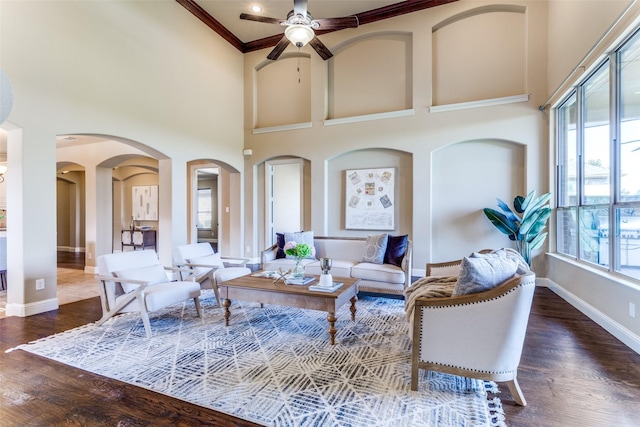 2028 Sterling Trace Dr, Keller, TX 76248 - living area featuring healthy amount of natural light, a towering ceiling, crown molding, baseboards, and ceiling fan