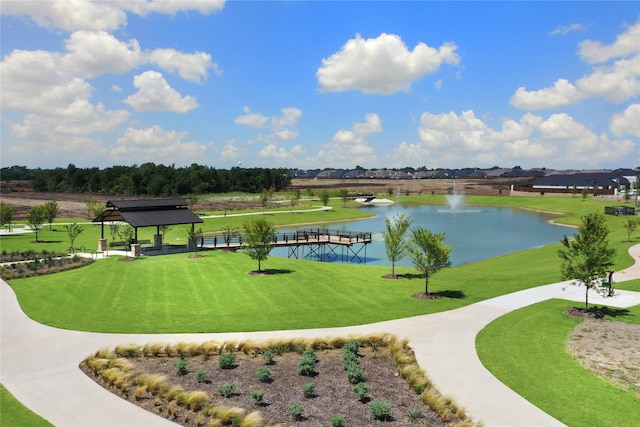736 Hidden Feather Dr, Lavon, TX 75166 - view of community featuring a gazebo, a water view, and a lawn